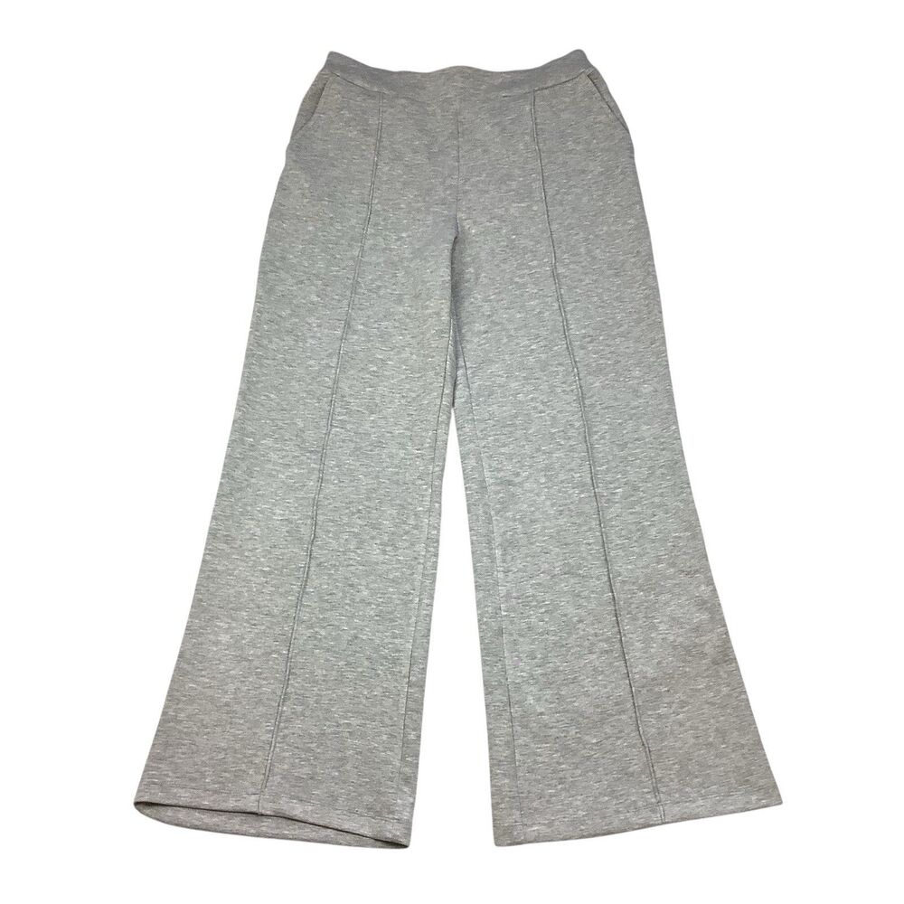 Women M Wide Leg Sweat Pants Grey Elastic Waist Scuba Lounge Casual High Rise